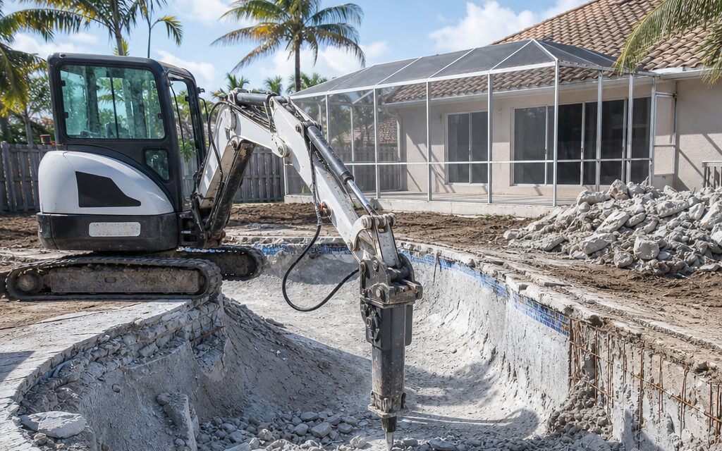 Excavator breaking up a concrete pool shell in a South Florida backyard